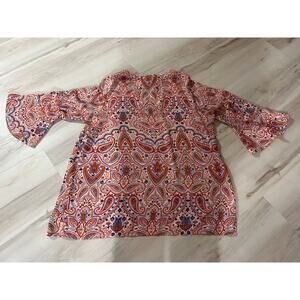 Violet & Claire 1X Paisley Tunic Blouse Bell Sleeve Orange Blue Boho Pullover